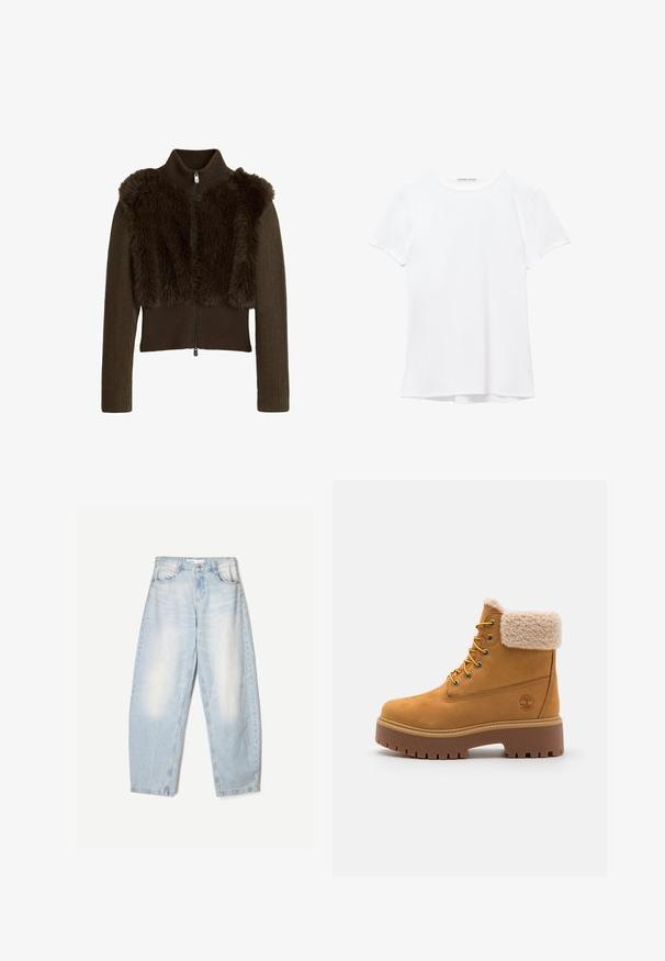 Bruine trui met ritssluiting, geribde lange mouwen en nep bont paneel aan de voorkant en schouders, voorzien van een hoge kraag.; Witte short-sleeve t-shirt van gladde stof, met een ronde halslijn en subtiele stiksels bij de zoom.; Lichtblauwe denim jeans met een losse pasvorm, voorzien van een vervaagde afwerking, twee voorzakken en een knoopsluiting bij de taille.; Tan suède laars met een nepbont kraag, gouden oogjes en een contrasterende rubberen zool. Voorzien van een logo op de zijkant en een gestructureerde loopvlak.