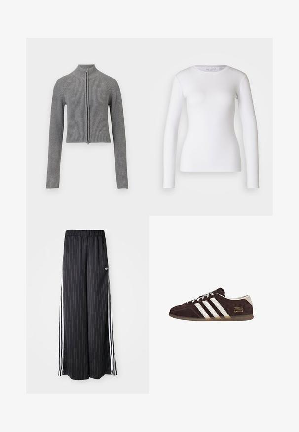 Grå ribbet strikket cropped cardigan med fuld frontlynlås og lange ærmer på en hvid baggrund.; Hvid langærmet skjorte lavet af ribbet stof, med runde udskæring og tætsiddende pasform. Ingen mønstre eller accenter er til stede.; Sorte vide bukser med lodrette hvide striber, elastisk talje og tre hvide striber langs siden. Adidas-logo på forsiden.; Brune ruskindssneakers med tre hvide striber, gummisål og tekstlabel med ordene "Gazelle" i guld. Snørebåndsdesign med grå snørebånd.