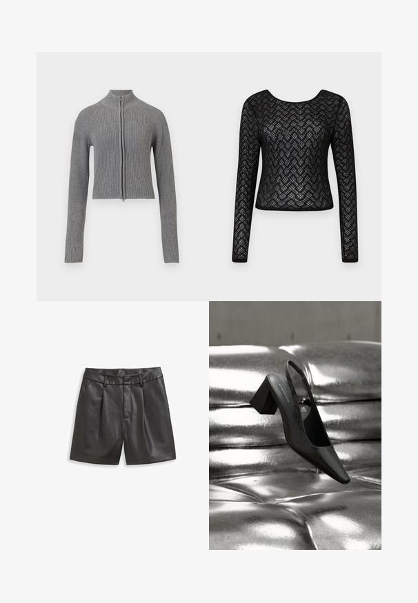 Cardigan court en tricot côtelé gris avec fermeture éclair sur le devant et manches longues sur un fond blanc.; Haut noir à manches longues avec un design texturé à motif en chevron. Présente un col rond et une silhouette ajustée, fabriqué dans un matériau transparent.; Shorts en cuir noir avec une texture lisse, présentant une taille classique, des plis à l'avant et des poches latérales, offrant une coupe structurée.; Escarpin noir à bride arrière avec bout pointu, présentant une surface texturée et un talon bloc épais. Posé sur un fond métallique brillant.