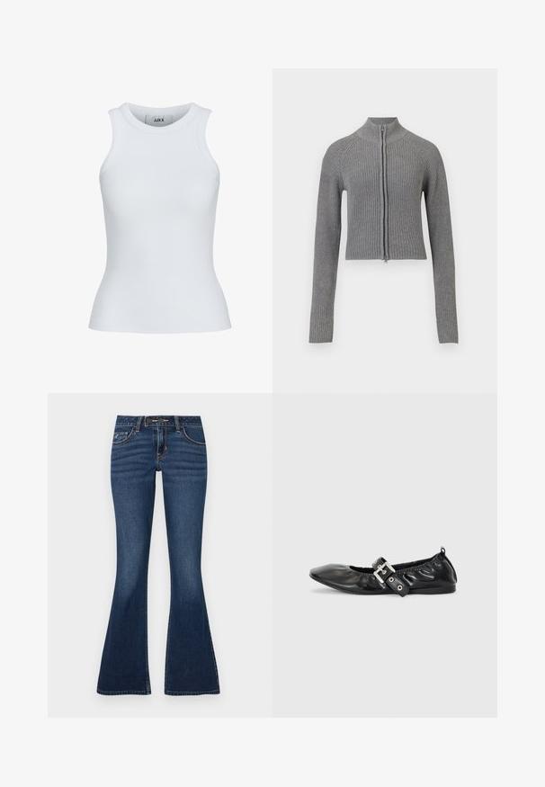 Grijze geribbelde gebreide cropped cardigan met volledige ritssluiting en lange mouwen op een witte achtergrond.; Witte geribde tanktop met een ronde halslijn en zonder mouwen. Heeft een slim fit en een zachte textuur, geschikt voor lagen.; Flared jeans in donkerblauwe denim, met een klassiek ontwerp van vijf zakken, contrasterende stiksels en een ritssluiting met knoop.; Zwarte leren platte schoen met een spitse neus, geplooide details rond de opening en een zilveren gespaccentueerde verstelbare band.