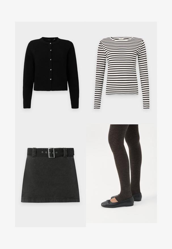 Μαύρο cardigan, μαλακό πλεκτό ύφασμα, στρογγυλή λαιμόκοψη, μακριά μανίκια, πέντε ασημένια κουμπιά σε σχήμα καρδιάς μπροστά, ριμπ τελείωμα και μανίκια.; Μαύρη και άσπρη ριγωτή μπλούζα με μακριά μανίκια, στρογγυλή λαιμόκοψη και εφαρμοστή ριμπ υφή. Ισορροπημένο πλάτος ριγών σε όλη την επιφάνεια.; Μαύρη τζιν μίνι φούστα με ταιριαστό ζώνη που διαθέτει μεταλλική αγκράφα και τρύπες για ζώνη, τοποθετημένη επίπεδα σε λευκό φόντο.; Πόδια με σκουρόχρωμα ριμπ κολάν συνδυασμένα με μαύρα μπαλαρίνα παπούτσια με μικρές λεπτομέρειες φιόγκων σε λευκό φόντο.