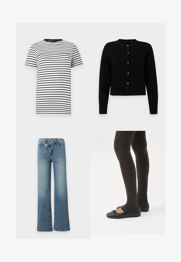 Sort cardigan, blødt strikmateriale, rund halsudskæring, lange ærmer, fem sølvfarvede hjerteformede knapper ned langs forsiden, ribbet kant og manchetter.; Sort-hvid stribet t-shirt lavet af blødt stof. Har en rund halsudskæring og korte ærmer, med jævnt fordelte vandrette striber.; Lyseblå denim jeans med vide ben og høj talje, let falmet effekt og knaplukning foran. Har fem lommer og minimal syning.; Ben iført mørke ribbede leggings kombineret med sorte balletsko med små sløjfedetaljer på hvid baggrund.
