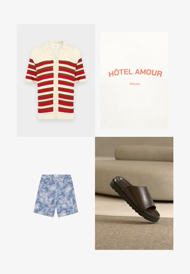 Korte mouws crème gebreid vest met horizontale strepen in rood, bruin en crème, en een knoopsluiting aan de voorkant.; Witte stof met oranje tekst "HÔTEL AMOUR" in boogvorm boven kleinere, gecentreerde tekst "Selected" daaronder.; Lichtblauwe denim shorts met een wolkpatroon. Gemaakt van katoen, hebben ze een klassieke vijf-pocket ontwerp en een knoopsluiting.; Donkerbruine leren slidesandaal met dikke zool op een beige tapijt voor een gebogen beige bank.