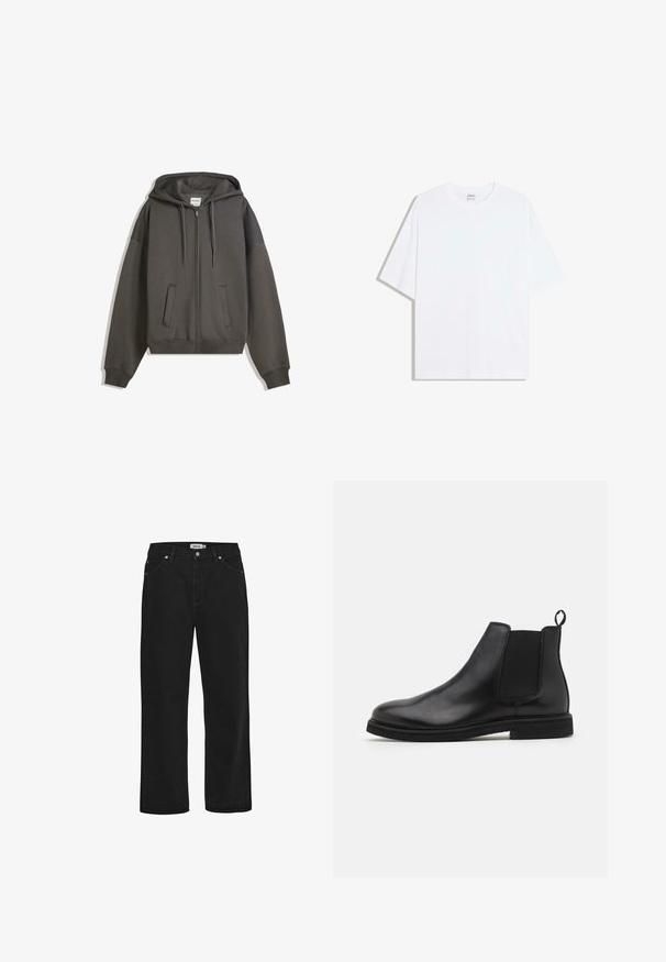Grau Zip-Hoodie mit geräumiger Kapuze, frontalen Taschen und gerippten Bündchen. Weiches Material, lässige Passform und minimalistisches Design.; Weißes, übergroßes Baumwoll-T-Shirt mit rundem Ausschnitt und kurzen Ärmeln; glatte Textur, keine sichtbaren Muster oder Akzente.; Schwarze Jeans aus Denim mit geradem Schnitt, Fünf-Taschen-Design, Kupferhardware-Akzenten und einem robusten Bund. Glatte Textur, schlichte Stil.; Schwarze Leder Chelsea-Stiefel mit elastischen Seitenpanelen und einem Zugtab. Gerundete Zehenpartie und flache Gummisohle, die eine glatte Oberfläche zeigt.