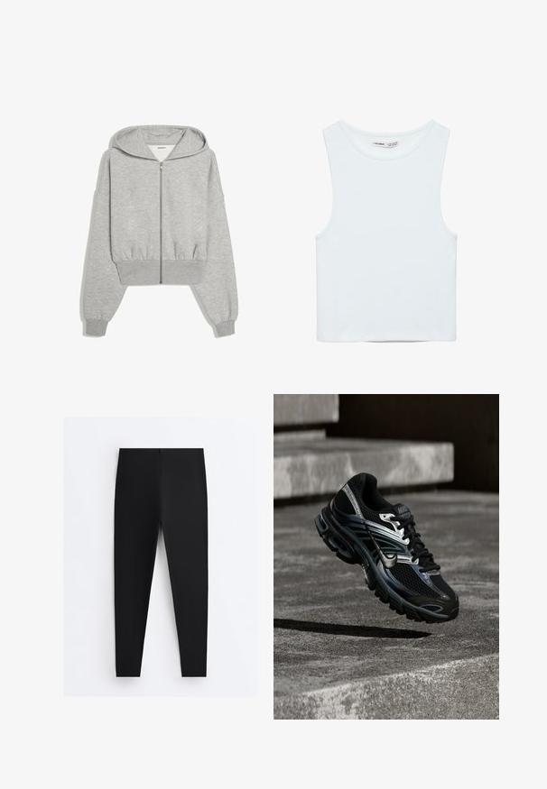 Svetlosivá skrátená mikina na zips s dlhými rukávmi, elastickými manžetami a kapucňou, zobrazená na bielom pozadí.; Biely bezrukávový crop top s okrúhlym výstrihom, vyrobený z hladkej látky, označený Pull&Bear, vhodný na bežné nosenie.; Čierne priliehavé legíny s vysokým pásom a hladkým materiálom, zobrazené plocho na bielom pozadí.; Čierno-strieborná bežecká topánka Nike vznášajúca sa nad betónovými schodmi, zobrazujúca detailný dizajn a textúrovanú podrážku v exteriéri.
