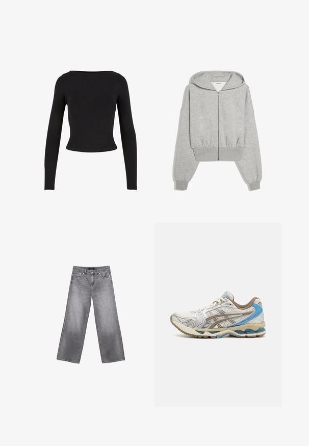Svetlosivá skrátená mikina na zips s dlhými rukávmi, elastickými manžetami a kapucňou, zobrazená na bielom pozadí.; Čierny crop top s dlhým rukávom vyrobený z mäkkého a elastického materiálu s jednoduchým, priliehavým strihom a širokým výstrihom. Bez vzorov alebo ozdôb.; Sivé široké džínsy s prednými vreckami, pútky na opasok a zapínaním na gombíky, zobrazené na bielom pozadí.; Bielo-béžová bežecká obuv s modrými akcentmi, sieťovinovým zvrškom, polstrovanou podrážkou a šnurovaním, zobrazená z vonkajšej strany.