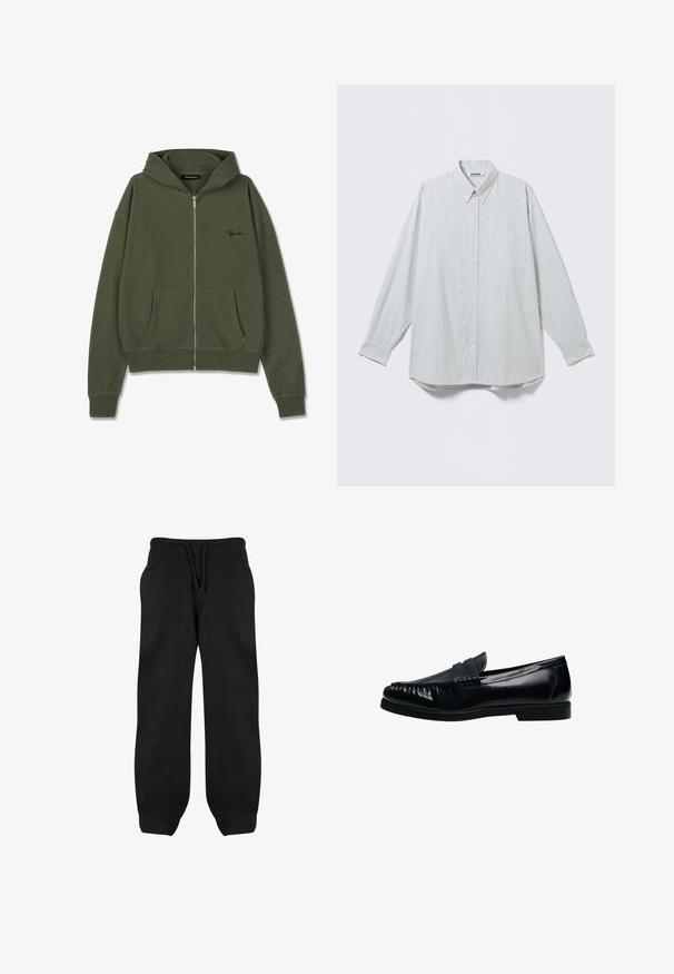 Pegador SIGNAR - Mikina so zipsom - washed faded olive / black; Biela košeľa s dlhým rukávom na gombíky s tenkými čiernymi zvislými pruhmi a vreckom na hrudi, zobrazená na svetlom pozadí.; Čierne tepláky s elastickým pásom, šnúrkou a bočnými vreckami. Vyrobené z mäkkej tkaniny s voľným strihom a zakončením na členkoch.; Čierny kožený pánsky penny loafer s prešitým mok toe a nízkym podpätkom, zobrazený v bočnom profile na bielom pozadí.