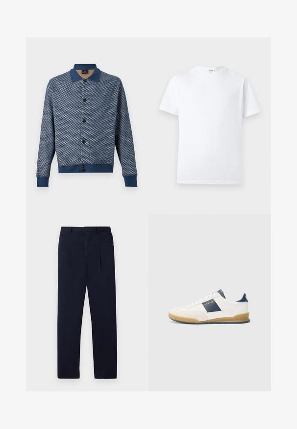 Blauwe cardigan met knoopsluiting en geometrisch patroon, effen blauwe kraag, manchetten en zoom, afgebeeld tegen een witte achtergrond.; Effen wit T-shirt met korte mouwen en een ronde hals, voorzien van een klein binnenlabel bij de hals, weergegeven tegen een neutrale achtergrond.; Marineblauwe broek van lichtgewicht stof met een vlakke voorkant, twee plooien en een standaard knoopsluiting aan de tailleband.; Witte sneakers met marineblauwe accenten, gemaakt van suède en leer, met een ronde neus en rubberen zool. Heeft een logo aan de zijkant en achterkant.