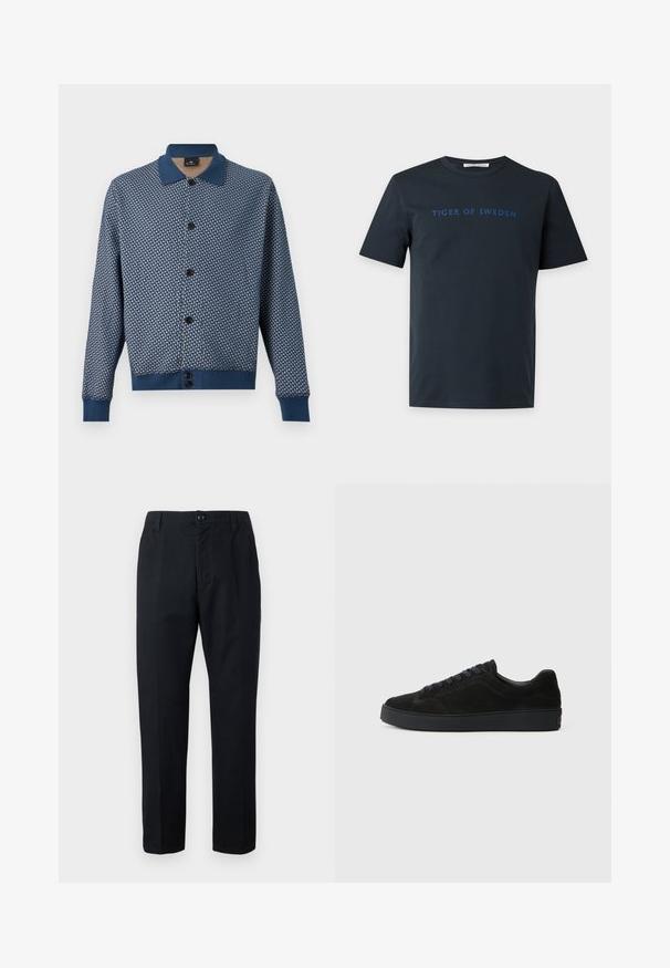 Cardigan boutonné bleu avec motif géométrique, col, poignets et ourlet bleu uni, présenté sur un fond blanc.; T-shirt noir à manches courtes et col rond avec "TIGER OF SWEDEN" imprimé en bleu sur la poitrine.; Pantalon noir à jambe droite avec fermeture à boutons, passants pour ceinture et poches latérales, présenté sur un fond uni.; Basket en suède noire avec une semelle plate et texturée, un bout rond, six œillets pour les lacets et un design minimaliste.