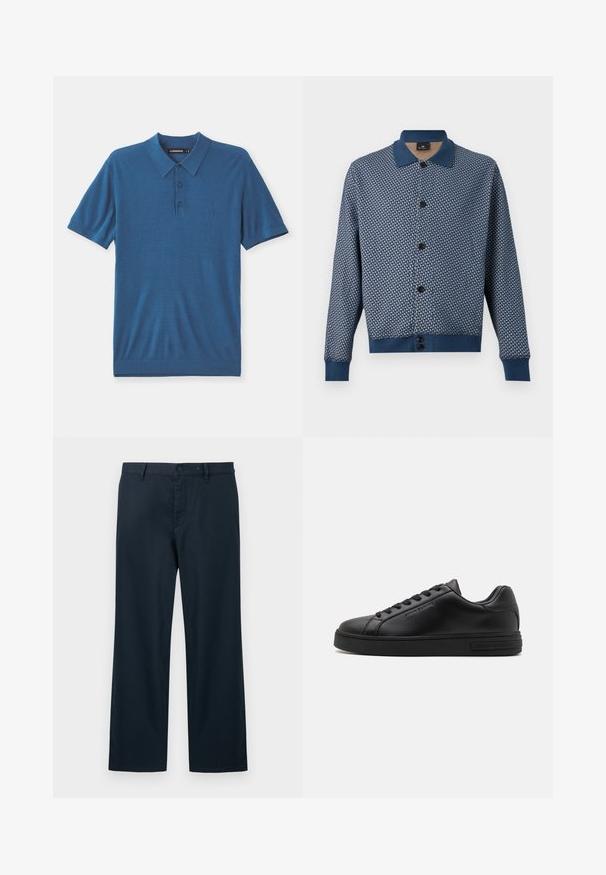 Blauer Cardigan mit Knopfleiste und geometrischem Muster, einfarbiger blauer Kragen, Ärmelbündchen und Saum, vor weißem Hintergrund dargestellt.; Blaues Polohemd aus weichem Stoff, mit Kragen, Knopfleiste mit drei Knöpfen und kurzen Ärmeln. Dezent gehaltenes Logo-Detail auf der Brust.; Marineblaue, gerade geschnittene Hose mit Gürtelschlaufen, Knopfverschluss und vorderlichem Reißverschluss vor hellem Hintergrund.; Schwarze Ledersneaker mit strukturiertem Finish, flachen Schnürsenkeln und Gummisohle. Mit Branding an der Seite und runder Zehenform.