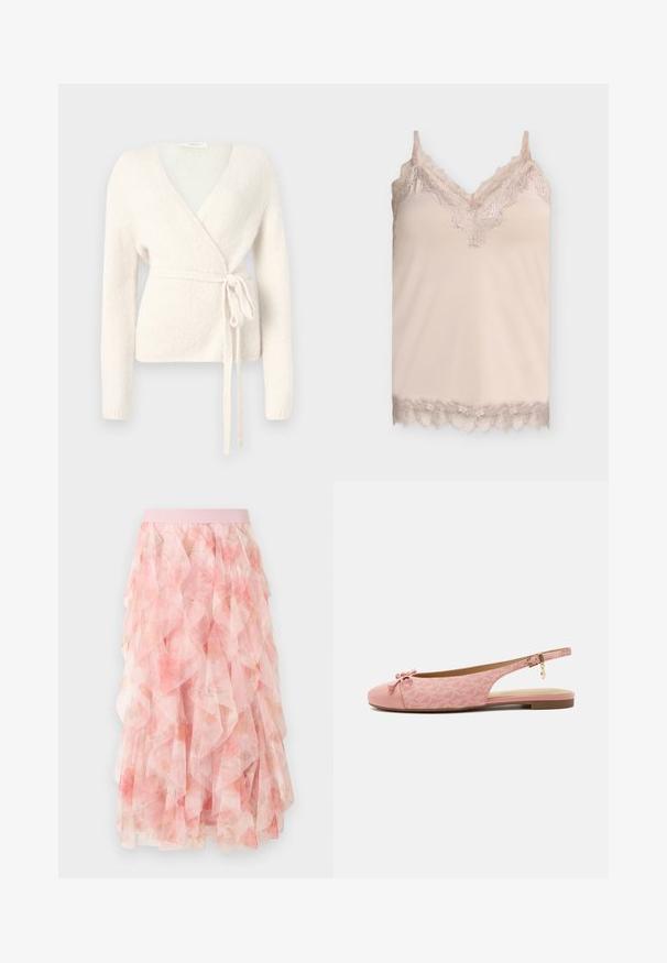 Pull en tricot doux blanc cassé avec de longues manches et un nœud à la taille, présenté sur un fond gris clair.; Caraco en soie beige avec bordure en dentelle le long de l'encolure en V, des bretelles et de l'ourlet sur un fond gris clair uni.; Jupe midi en tulle rose à couches avec motif floral et taille élastique, présentant des textures douces et volantées.; Chaussure slingback plate rose avec tissu texturé, nœud sur l’orteil arrondi, bride de cheville avec boucle dorée et breloque, et semelle basse marron.