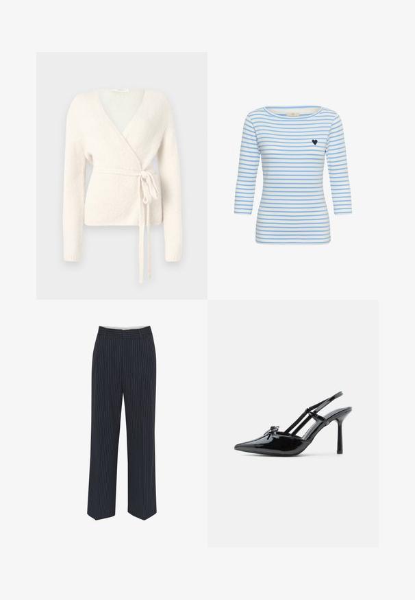 Pull en tricot doux blanc cassé avec de longues manches et un nœud à la taille, présenté sur un fond gris clair.; Chemise à manches longues rayée horizontale blanche et bleu clair avec un petit cœur bleu foncé brodé sur le côté gauche de la poitrine.; Pantalons bleu marine avec des rayures verticales blanches, design à jambes larges, tissu lisse, passants de ceinture et pli sur le devant pour un look ajusté.; Chaussure slingback à talon haut en cuir verni noir, avec bout pointu, talon fin et double brides décoratives sur le cou-de-pied.