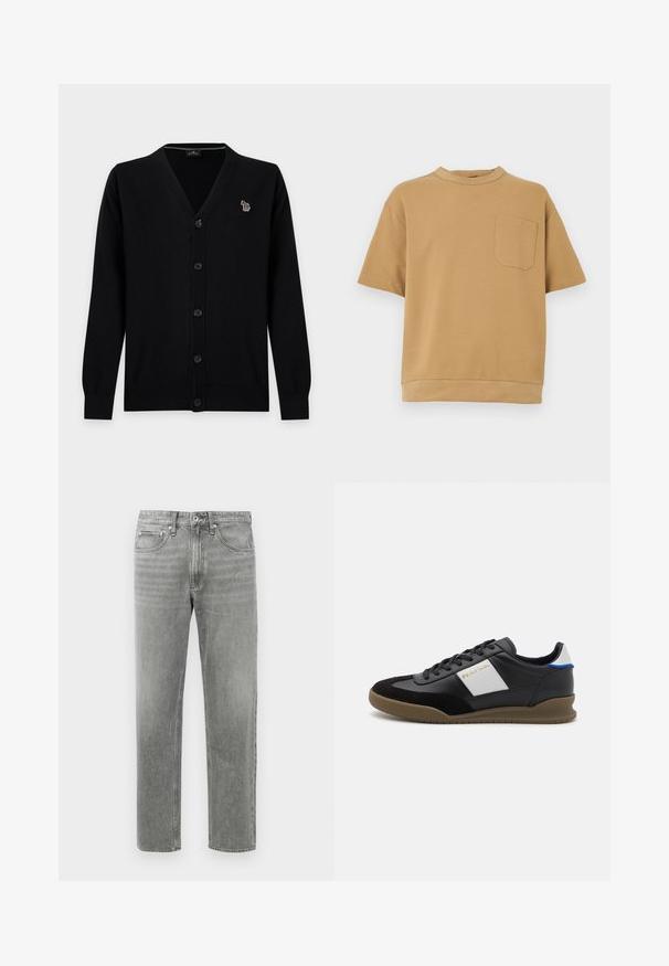 Sort cardigan med knapper, lange ærmer og et lille flerfarvet zebra-patch på venstre bryst.; Kortærmet t-shirt i lysebrun bomuld med rund halsudskæring og en enkelt brystlomme med lige syningsdetalje.; Grå denim jeans med lige ben, der har et klassisk fem-lomme-design og subtilt slid for tekstur. Standard lynlåslukning.; Sorte læder- og ruskinds sneakers med en grå panel, brun gummisål og blå detaljer på hælen. Har snørebånd og præget logo.