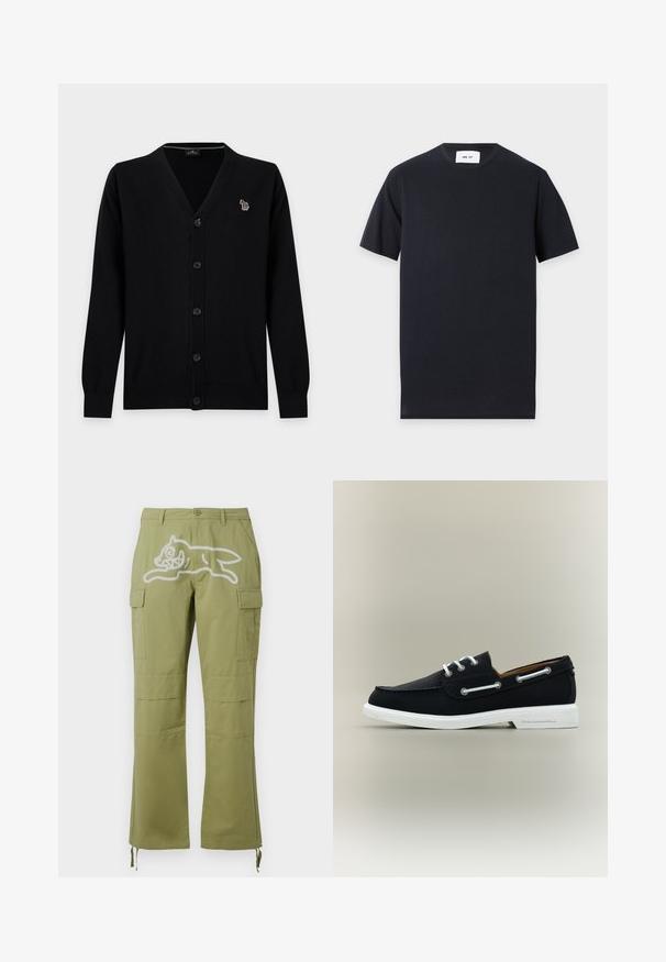 Cardigan noir boutonné avec manches longues et un petit écusson zèbre multicolore sur la poitrine gauche.; T-shirt noir à manches courtes avec col rond et une étiquette blanche à l’intérieur du col sur un fond gris clair.; Icecream RUNNING DOG PANTS - Pantalon cargo - green; Chaussure bateau en cuir noir avec lacets blancs et semelle blanche, dotée d'œillets latéraux et du nom "Karl Lagerfeld" embossé sur le talon de la semelle.