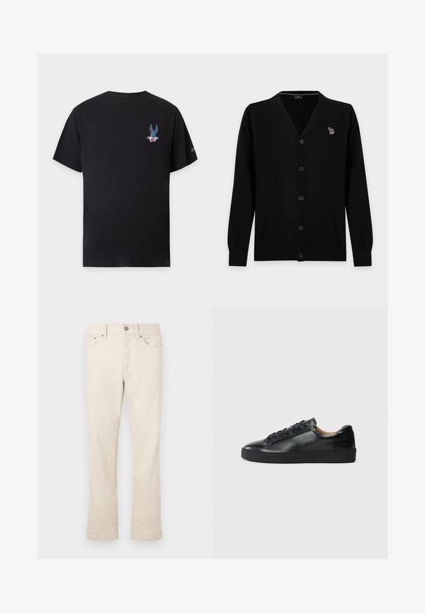 Cardigan noir boutonné avec manches longues et un petit écusson zèbre multicolore sur la poitrine gauche.; T-shirt noir à manches courtes avec un petit motif coloré du visage de Bugs Bunny sur la poitrine gauche et un petit logo sur la manche droite.; Jeans beige en mélange de coton avec une coupe droite. Dotés d'une fermeture à bouton et à glissière à l'avant, de cinq poches et de détails de couture subtils.; Baskets en cuir noir avec une texture lisse, bout rond et fermeture à lacets. Comprend une semelle en caoutchouc épaisse et un minimum de détails de marque.