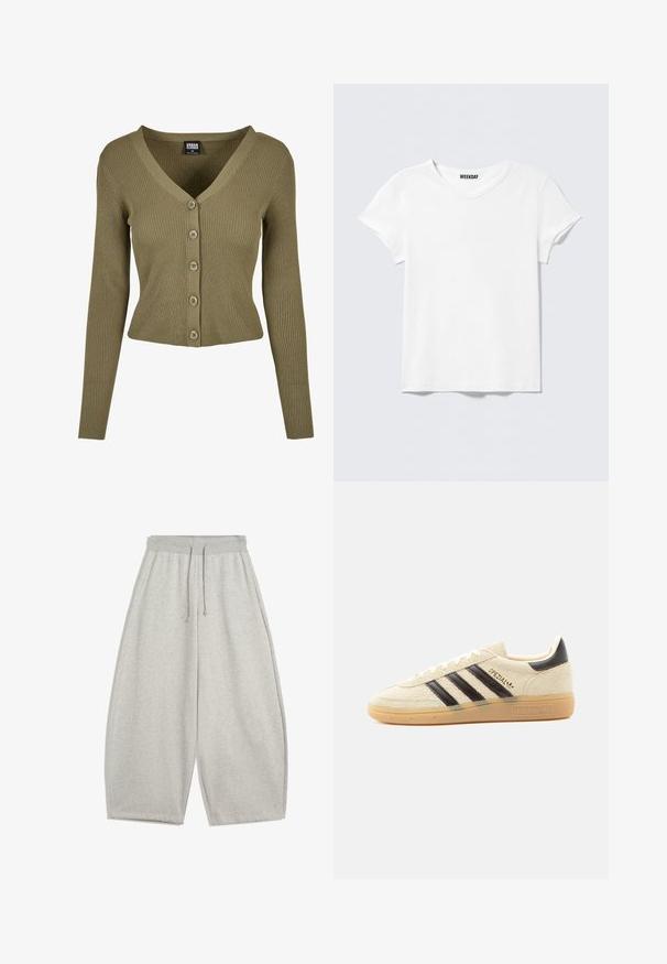 Olijfgroen geribde cardigan met lange mouwen, diepe V-hals en sluiting met zes knopen. Heeft een getailleerde stijl en een zachte textuur.; Effen wit T-shirt met korte mouwen en V-hals, met een klein "WEEKDAY" label aan de binnenkant van de kraag, getoond op een lichtgrijze achtergrond.; Lichtgrijze wijde sweatpants met elastische tailleband en trekkoord, voorzien van zijzakken en een ontspannen pasvorm.; Crèmekleurige suède sneaker met zwarte strepen, rubberen zool, zwart hieltabje en gouden "SPEZIAL" tekst aan de zijkant.