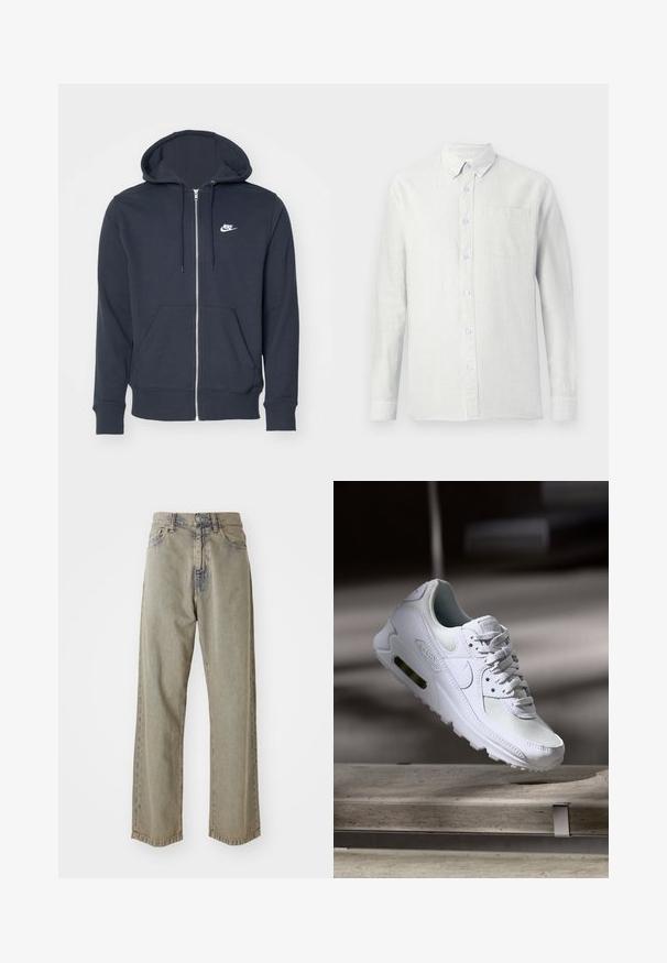 Tummanharmaa vetoketjullinen huppari, joka on valmistettu pehmeästä kankaasta. Varustettu etuvetoketjulla, kahdella etutaskulla ja pienellä valkoisella Nike-logolla rinnassa.; Vaaleanvärinen, pitkähihainen paita, jossa on pystysuorat raidat, napillinen kaulus ja rintatasku. Kangas näyttää teksturoidulta ja sillä on pehmeä pinta.; Vaalean harmaat leveälahkeiset farkut, jotka on valmistettu denimmateriaalista. Farkuissa on haalistunut pinta, näkyvät saumat sekä perinteinen nappi- ja vetoketjukiinnitys.; Valkoiset Nike Air Max 90 -lenkkarit, joissa on verkko- ja nahkapinta, rei'itetty kärki ja näkyvä ilmayksikkö kantapäässä.