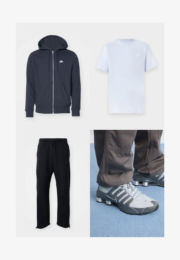Tmavošedá mikina na zips vyrobená z jemnej textílie. Obsahuje predný zips, dve predné vrecká a malé biele logo Nike na hrudi.; Svetlomodré bavlnené tričko s krátkymi rukávmi, okrúhlym výstrihom a bielym logom Nike potlačeným na ľavej hrudi. Hladká textúra, jednoduchý dizajn.; Čierne športové nohavice s elastickým pásom a šnúrkou, majú postranné vrecká, zúžené nohavice a zipsy na členkoch. Hladká textúra.; Šedé a strieborné tenisky Nike Shox majú elegantný dizajn, kombináciu sieťoviny a syntetických materiálov, zaoblenú špičku a polstrovaný golier.