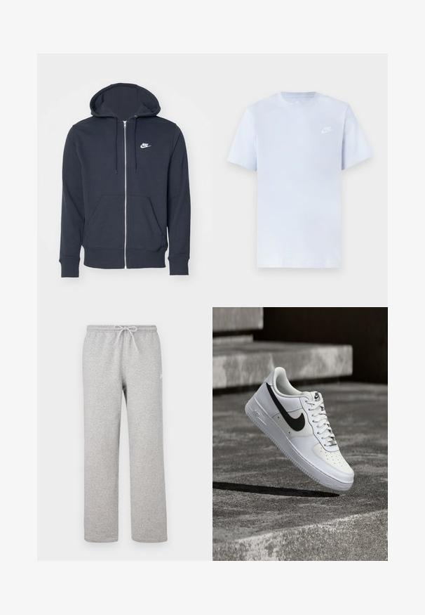 Donkergrijze rits hoodie van zacht materiaal. Bevat een voorrits, twee voorzakken en een klein wit Nike-logo op de borst.; Lichtblauwe katoenen t-shirt met korte mouwen, ronde hals en een wit Nike-logo gedrukt op de linkerborst. Glad textuur, eenvoudig ontwerp.; Grijze joggingbroek met een elastische tailleband en trekkoord. Gemaakt van zachte stof, met rechte pijpen en subtiel logodetail.; Witte Nike Air Force 1 sneaker met zwarte swoosh, veters gestrikt, zwevend in de lucht boven een gestructureerd betonnen oppervlak buiten.