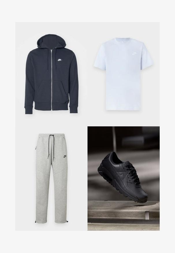 Donkergrijze rits hoodie van zacht materiaal. Bevat een voorrits, twee voorzakken en een klein wit Nike-logo op de borst.; Lichtblauwe katoenen t-shirt met korte mouwen, ronde hals en een wit Nike-logo gedrukt op de linkerborst. Glad textuur, eenvoudig ontwerp.; Grijze Nike trainingsbroek met een verstelbare tailleband, zijzakken en elastische boorden. Heeft een soepele textuur en contrasterende zwarte logo-details.; Zwarte Nike Air Max sneakers met een bovenwerk van gestructureerd leer, rubberen zool en een opvallend vetersysteem, dat een strakke, moderne uitstraling heeft.