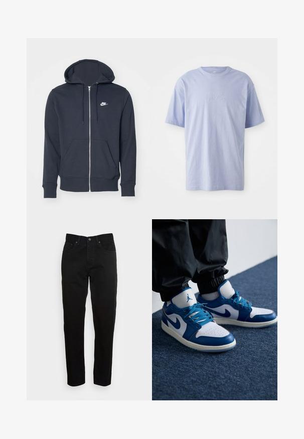 Tmavošedá mikina na zips vyrobená z jemnej textílie. Obsahuje predný zips, dve predné vrecká a malé biele logo Nike na hrudi.; Svetlomodré bavlnené tričko s okrúhlym výstrihom a krátkymi rukávmi. Má vystúpené logo "nike" v strede prednej časti. Mäkkučký materiál.; Čierne slim-fit džínsy s predným zapínaním na gombík a dizajnom s piatimi vreckami, vystavené na jednoduchej svetlosivej background.; Nike Air Jordan tenisky majú bielu koženú základňu s modrými syntetickými akcentmi, perforovanou špičkou a modrými šnúrkami.
