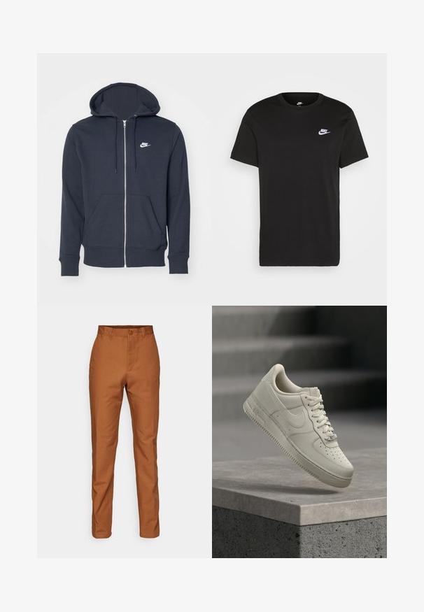 Tumehall kaelusega kapuutsiga jakk, mis on valmistatud pehmest kangast. Omab eesmine tõmblukk, kahte eesmist taskut ja väikest valget Nike logo rinnal.; Must musta T-särk lühikeste varrukatega, ümmargune kaelus ja väike valge Nike logo vasakul rinnaosal. Sile tekstuur. Klassikaline lõige.; Pruunid puuvillased püksid sirge lõikega, nupuga kinnituse ja küljetaskutega. Sile tekstuur ja ühtlane värv üle kogu.; Üks beež paeltega toss hõljub hallil betoonpinnal, Nike’i logo on nähtav, trepitaust on udune.