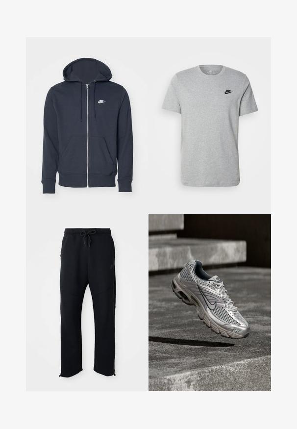 Tumehall kaelusega kapuutsiga jakk, mis on valmistatud pehmest kangast. Omab eesmine tõmblukk, kahte eesmist taskut ja väikest valget Nike logo rinnal.; Halli lühikeste varrukatega T-särk, mis on valmistatud puuvillast ja millel on rinnal must Nike'i logo ning ümar kaelus. Minimalistlik disain, ilma mustriteta.; Mustad mustaräätsed paelaga ja elastse vööga, küljetaskud, kitsenevad sääred ja tõmblukud pahkluude juures. Sile tekstuur.; Hõbedane ja hall Nike jooksujalats hõljuvas õhus betoonastmete kohal, näidates võrkkestast pealmist osa ja pehmendusega tallafunktsioone.