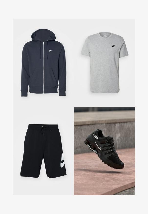 Hanorac închis la culoare, cu fermoar, confecționat dintr-un material moale. Prezintă un fermoar frontal, două buzunare frontale și un mic logo alb Nike pe piept.; Tricou gri cu mânecă scurtă, fabricat din bumbac, având un logo negru Nike pe piept și un decolteu rotund. Design minimalist, fără modele.; Șorturi negre din bumbac cu talie ajustabilă prin șnur, cu buzunare laterale și un logo mare alb Nike imprimat pe coapsa stângă. Design athletic clasic.; Pantof de alergare Nike Shox negru cu logo swoosh alb, în aer deasupra unei suprafețe de beton rozalii pe fundal de perete de piatră gri.