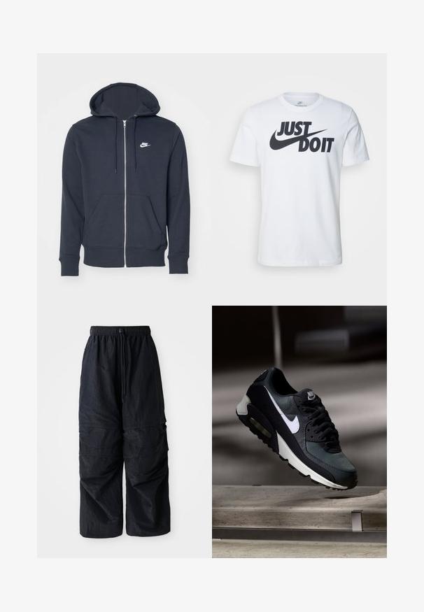 Tmavošedá mikina na zips vyrobená z jemnej textílie. Obsahuje predný zips, dve predné vrecká a malé biele logo Nike na hrudi.; Biely bavlnený tričko s výrazným čiernym logom "Just Do It" a Nike swoosh. Klasický strih s okrúhlym výstrihom a krátkymi rukávmi.; Čierne ľahké nylonové cargo nohavice s elastickým pásom, nastaviteľnou šnúrkou a viacerými vrstvovými vreckami na nohách.; Čierno-sivá teniska Nike Air Max s bielym logom, zavesená nad betónovým povrchom na rozmazanom tmavom pozadí.