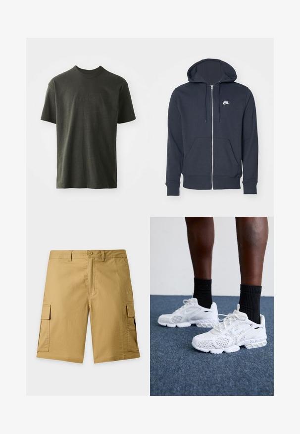 Dunkelgrauer Zip-Hoodie aus weichem Stoff. Mit einem Reißverschluss vorne, zwei Fronttaschen und einem kleinen weißen Nike-Logo auf der Brust.; Dunkelgrünes T-Shirt aus weichem Stoff, mit Rundhalsausschnitt und kurzen Ärmeln. Gesticktes "nike"-Logo in einem etwas dunkleren Grün.; Khakifarbene Cargo-Shorts mit Knopf vorne, Gürtelschlaufen, seitlichen Klappentaschen und dezentem Markenlogo auf der rechten Beintasche.; Weiße Sportschuhe mit Mesh-Obermaterial, strukturierten Akzenten und gepolsterter Sohle. Kombieirt mit schwarzen gerippten Knöchelsocken auf einer blauen Teppichoberfläche.