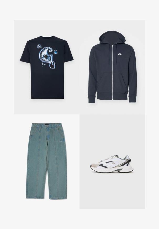 Tmavošedá mikina na zips vyrobená z jemnej textílie. Obsahuje predný zips, dve predné vrecká a malé biele logo Nike na hrudi.; Čierne bavlnené tričko s krátkymi rukávmi, ktoré má lesklé, kovovo vyzerajúce písmeno "G" a bubliny v odtieňoch modrej. Klasický strih.; Svetlo modré, nedotknuté džínsy s rovným strihom, obsahujúce predné vrecká a jemne vyšité logo blízko pásu.; Biele športové topánky so striebornými a čiernymi akcentmi, sieťovinový zvršok, textúrovaná podrážka a aerodynamický dizajn s logom na boku.