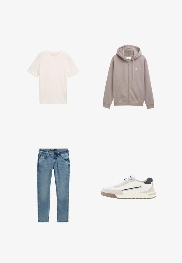 Grå zip-hoodie lavet af blødt stof, med hætte, frontlommer og et lille logo på brystet. Glat tekstur og afslappet design.; Kortærmet T-shirt med rund hals i off-white bomuld. Har en afslappet pasform med glat tekstur og ingen bemærkelsesværdige mønstre eller accenter.; Lysblå denimjeans med slim fit, der har fem lommer, lynlås og syninger langs sømmene.; Hvid og beige sneaker med hvide snørebånd, brun sål, sort hæl lap og sidestribe detaljer i marineblåt og rødt.
