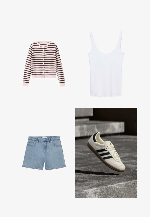 Lichtroze vest met donkerbruine horizontale strepen, ronde hals, lange mouwen en knoopsluiting aan de voorkant.; Wit hemdje met een ronde hals, gemaakt van zachte stof, met dunne bandjes en een slank, aansluitend ontwerp. Geen zichtbare patronen of accenten.; Lichtblauwe spijkerbroekshorts met een hoge taille, vier zakken en een knoopsluiting. Beschikt over een klassieke rechte broekspijp en een rafelige zoom.; Witte Adidas Samba sneaker met zwarte strepen en gumzool, zwevend boven gestructureerde grijze betonnen treden.