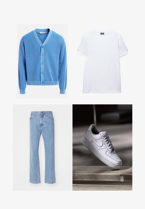 Blå ribstrikket cardigan med lodrette hvide striber, V-hals, lange ærmer og fem blå knapper foran.; Simpel hvid t-shirt med korte ærmer og rund halsudskæring med en sort Pull&Bear mærkat indeni kraven, vist på en hvid baggrund.; Lyseblå straight-leg denim jeans med frontknap- og lynlåslukning, bæltestropper og standard forlommer.; Hvid læder Nike Air Force 1 sneaker med perforeret tå, flade snørebånd og tekstureret gummisål med "AIR" branding på siden.