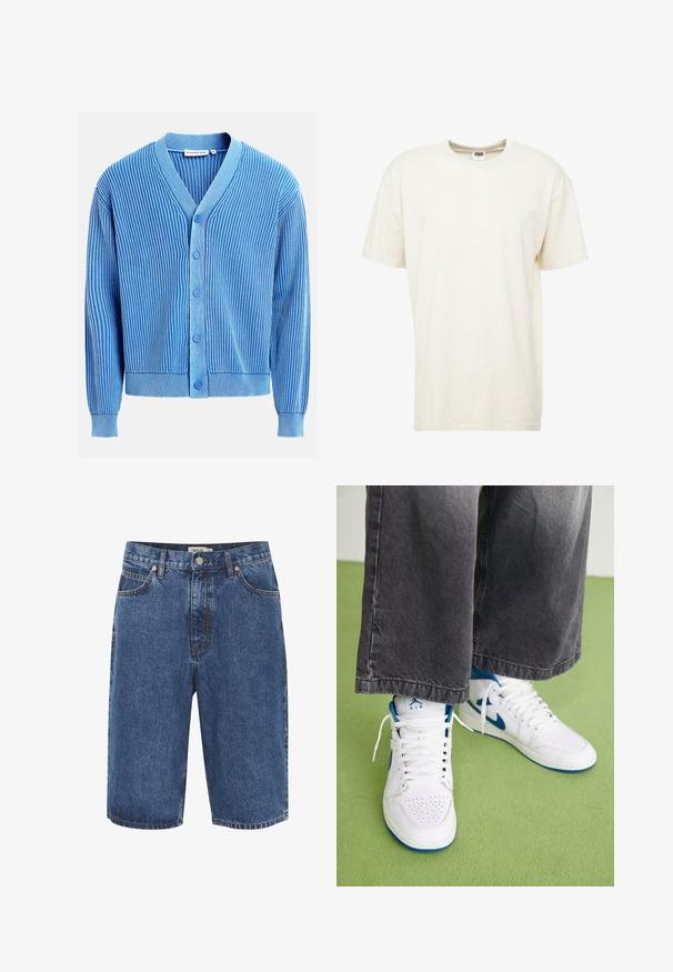 Blå ribstrikket cardigan med lodrette hvide striber, V-hals, lange ærmer og fem blå knapper foran.; T-shirt med korte ærmer og rund hals i lys cremefarve. Fremstillet af blødt bommateriale med en afslappet pasform og minimale sømme.; Mørkeblå denimshorts med et klassisk femlommers design, messinghardware og synlig syning langs sømmene.; Hvide højtop sneakers med blå accenter, perforeret tå boks og hvide snørebånd. Båret med løse grå denim bukser på en grøn overflade.