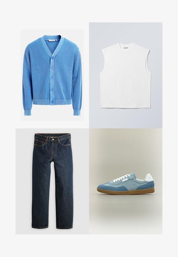 Cardigan bleu en maille côtelée avec des rayures verticales blanches, col en V, manches longues et cinq boutons bleus sur le devant.; Haut blanc sans manches en coton à col rond avec épaules structurées, marqué "WEEKDAY" sur l'étiquette du col, présenté sur un fond gris clair.; Jean en denim bleu foncé avec une coupe droite. Comprend cinq poches, des surpiqûres contrastantes et une fermeture à bouton à la taille.; Baskets basses décontractées avec des panneaux en tissu bleu clair et bleu foncé, lacets blancs, languette de talon blanche et semelle en caoutchouc marron sur fond neutre.