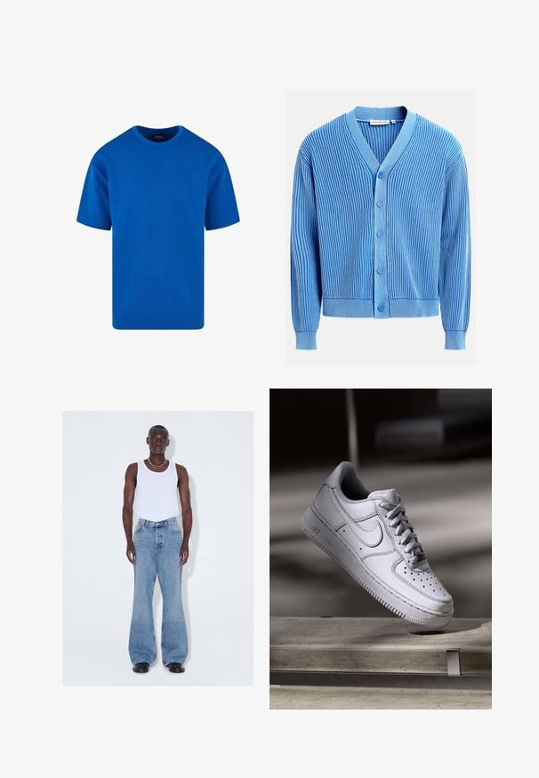 Blaue, gerippte Strickjacke mit vertikalen weißen Streifen, V-Ausschnitt, langen Ärmeln und fünf blauen Knöpfen vorne.; Blaues kurzes T-Shirt aus Baumwolle mit klassischem Rundhalsausschnitt und lässiger Passform. Glatte Textur ohne sichtbare Muster oder Akzente.; Hellblaue, ausgestellte Denim-Jeans mit hoher Taille, kombiniert mit einem weißen ärmellosen Tanktop. Schwarze Schuhe und einfache, geschichtete Halsketten.; Weißer Nike Air Force 1 Sneaker aus Leder mit perforierter Zehenpartie, flachen Schnürsenkeln und strukturierter Gummisohle mit "AIR"-Branding an der Seite.