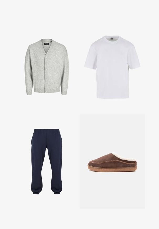 Gilet gris clair en tricot doux avec un col en V, cinq boutons sur le devant et des manches et un ourlet à côtes.; T-shirt blanc à manches courtes en coton. Il présente un col rond et une coupe décontractée. Texture lisse, design minimaliste, sans motifs ni accents.; Pantalons de survêtement bleu marine avec une taille élastique et des manches resserrées, fabriqués en tissu doux, sans motifs ni accessoires visibles.; Chausson marron en daim à enfiler avec semelle couleur beige et doublure en polaire blanche, avec des détails surpiqués et le nom de la marque sur le côté.