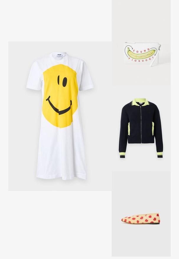 Pull côtelé bleu marine à fermeture éclair, avec col, bords de poche et accents aux poignets en jaune néon, présenté sur un fond clair uni.; Robe blanche à manches courtes avec un grand motif visage souriant jaune centré sur le devant, col rond et étiquette Moschino à l'intérieur du col.; Chaussure plate avec une tige en tissu jaune ornée d'un motif floral en rouge. Bout pointu, design minimaliste et semelle en caoutchouc noir.; Porte-monnaie blanc avec une illustration de banane jaune et le texte rouge "SOUND FIORUCCI" sur le devant, accompagné d'une fermeture éclair en argent.