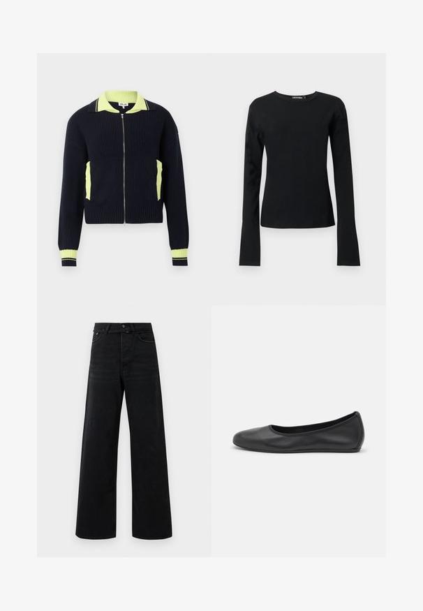 Marineblauer, gerippter Reißverschluss-Pullover mit Neon-gelbem Kragen, Taschenkanten und Ärmelabschlüssen, auf hellem, einfachem Hintergrund präsentiert.; Schwarzes, eng anliegendes Langarmshirt mit Rundhalsausschnitt, geradem Saum und glattem Stoff, vor einem schlichten hellen Hintergrund präsentiert.; Schwarze High-Waist-Jeans mit weit geschnittenem Bein, vorderem Knopf, Reißverschluss, Gürtelschlaufen und klassischem Fünf-Taschen-Stil.; Schwarze Leder-Ballettschuhe mit abgerundeter Spitze, glatter Textur, minimalen Nähdetails und einem flexiblen Sohlen-Design.