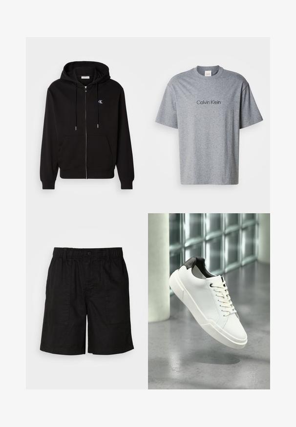 Μαύρη φούτερ hoodie με φερμουάρ, κατασκευασμένη από μαλακό ύφασμα. Διαθέτει κουκούλα με κορδόνι, μπροστινές τσέπες και ένα μικρό κεντητό λογότυπο στο στήθος.; Γκρι βαμβακερό μπλουζάκι με κοντά μανίκια, στρογγυλή λαιμόκοψη και τυπωμένο λογότυπο "Calvin Klein" σε σκουρότερη απόχρωση στο στήθος.; Μαύρες βερμούδες με ελαστική μέση και κούμπωμα με κουμπί. Διαθέτει δύο μεγάλες πλευρικές τσέπες με υφή. Καθημερινός σχεδιασμός.; Λευκό αθλητικό παπούτσι χαμηλού ύψους με μαύρη υφασμάτινη φτέρνα, λευκά κορδόνια και χοντρή σόλα, τοποθετημένο πάνω σε γυαλιστερό τσιμεντένιο πάτωμα κοντά σε γυάλινους τοίχους.