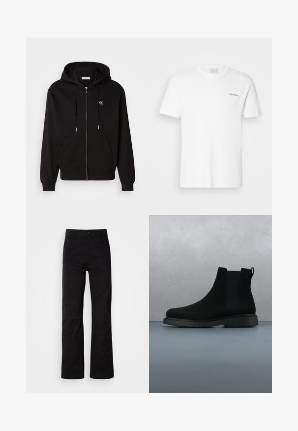 Zwarte zip-up hoodie gemaakt van zachte stof. Heeft een verstelbare capuchon, voorzakken en een klein geborduurd logo op de borst.; Witte katoen T-shirt met korte mouwen en een ronde hals. Bevat een klein zwart "Calvin Klein" logo op de linkerborst.; Zwarte katoenen broek met een recht design, voorzien van een knoopsluiting en riemlussen. Gladde textuur en minimalistische stijl zonder zichtbare patronen.; Zwarte enkelboot van soepel materiaal met subtiele stiksels, een rubberen zool en een slank ontwerp, gepositioneerd boven een houten textuur.