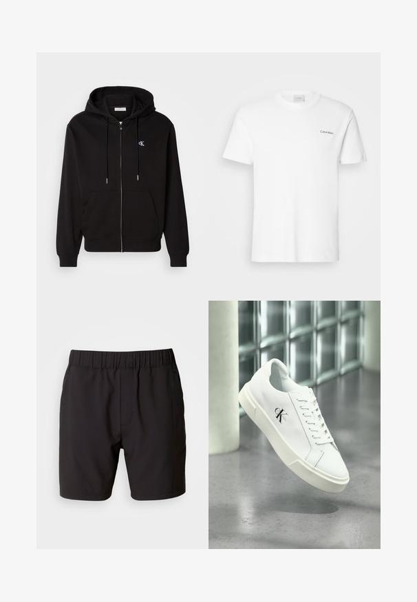 Schwarze Zip-Hoodie aus weichem Material. Mit einer Kapuze mit Kordelzug, Fronttaschen und einem kleinen gestickten Logo auf der Brust.; Weißes Baumwoll-T-Shirt mit kurzen Ärmeln und Rundhalsausschnitt. Mit einem kleinen schwarzen "Calvin Klein"-Logo auf der linken Brust.; Schwarze Shorts aus elastischem Stoff mit einem elastischen Bund, Seitentaschen und einem schlichten, klaren Design. Keine Muster oder Verzierungen.; Weißer Calvin Klein Sneaker mit Schnürsenkeln, schwebend über einem polierten Betonboden und einer Glasbausteinwand im Hintergrund dargestellt.