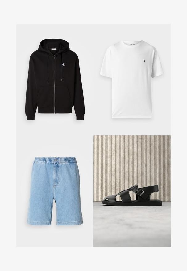 Μαύρη φούτερ hoodie με φερμουάρ, κατασκευασμένη από μαλακό ύφασμα. Διαθέτει κουκούλα με κορδόνι, μπροστινές τσέπες και ένα μικρό κεντητό λογότυπο στο στήθος.; Λευκό βαμβακερό t-shirt με στρογγυλή λαιμόκοψη, κοντά μανίκια και μικρό μαύρο λογότυπο στο στήθος. Μαλακή υφή, χαλαρή γραμμή.; Ανοιχτό μπλε τζιν σορτσάκι με ελαστική μέση, μπροστινή κλείσιμο με κουμπί, πλαϊνές τσέπες και ευθεία γραμμή. Μήκος μέχρι το μέσο του μηρού.; Μαύρο δερμάτινο σανδάλι με λουράκι και πόρπη, σχεδιασμός ανοιχτών δακτύλων, παρουσιάζεται σε μπεζ χαλί με θολό καφέ φόντο επίπλων.