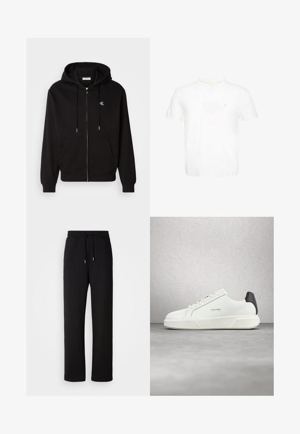 Μαύρη φούτερ hoodie με φερμουάρ, κατασκευασμένη από μαλακό ύφασμα. Διαθέτει κουκούλα με κορδόνι, μπροστινές τσέπες και ένα μικρό κεντητό λογότυπο στο στήθος.; Λευκό κοντομάνικο T-shirt με στρογγυλή λαιμόκοψη και μικρό κεντητό λογότυπο "ck" στο αριστερό στήθος.; Μαύρο αθλητικό παντελόνι από απαλή ύφανση, με ρυθμιζόμενη μέση, ίσια πόδια και χωρίς επιπλέον σχέδια ή διακοσμητικά στοιχεία.; Λευκά αθλητικά παπούτσια με λείο δερμάτινο επάνω μέρος, επίπεδα κορδόνια και ανυψωμένη λευκή σόλα. Διαθέτουν μαύρη λεπτομέρεια στη φτέρνα και ανάγλυφο λογότυπο.