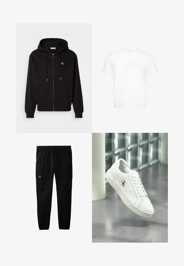 Sudadera con cremallera negra hecha de una tela suave. Cuenta con una capucha con cordón, bolsillos frontales y un pequeño logotipo bordado en el pecho.; Camiseta blanca de manga corta con cuello redondo y pequeño logo "ck" bordado en el pecho izquierdo.; Pantalones cargo negros con cintura y puños elásticos, cierre de botón y cremallera, y bolsillos con solapa en cada muslo.; Zapatilla blanca Calvin Klein con cordones, mostrada flotando sobre un suelo de cemento pulido y un fondo de pared de bloques de vidrio.