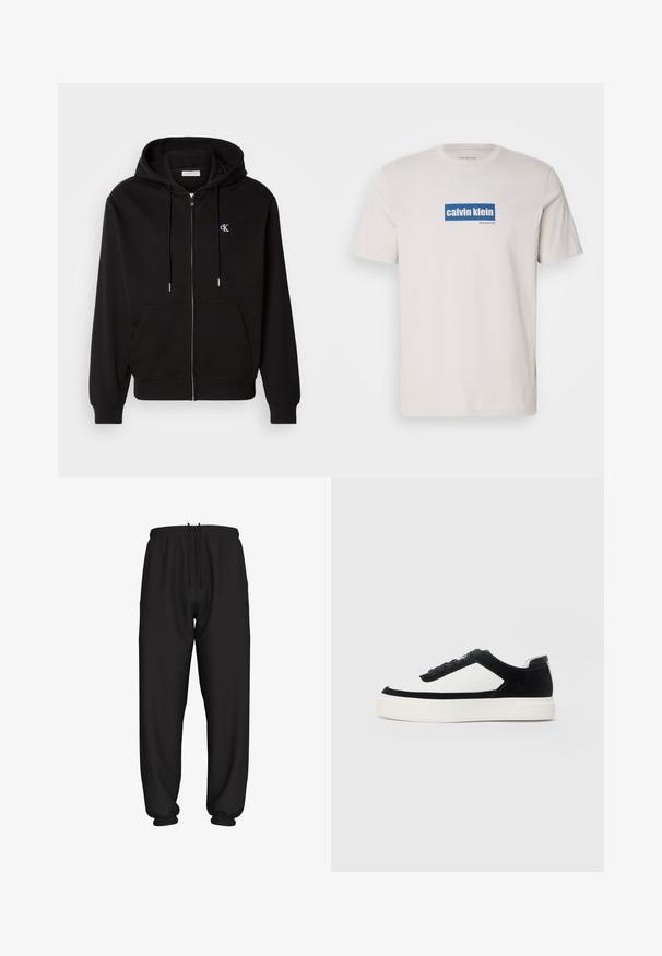 Sort zip-up hoodie lavet af blødt stof. Har en hætte med snore, frontlommer og et lille broderet logo på brystet.; Hvid bomulds T-shirt med et blåt rektangulært logo med "calvin klein" og "new york city" i hvid tekst på forsiden. Klassisk pasform.; Svarte løstsiddende joggingbukser med elastisk talje og manchetter, med justerbar snøre i taljen.; Lave sneakers med sort ruskind og hvide læderpaneler, sorte snørebånd og tyk hvid gummisål, vist fra ydersiden.