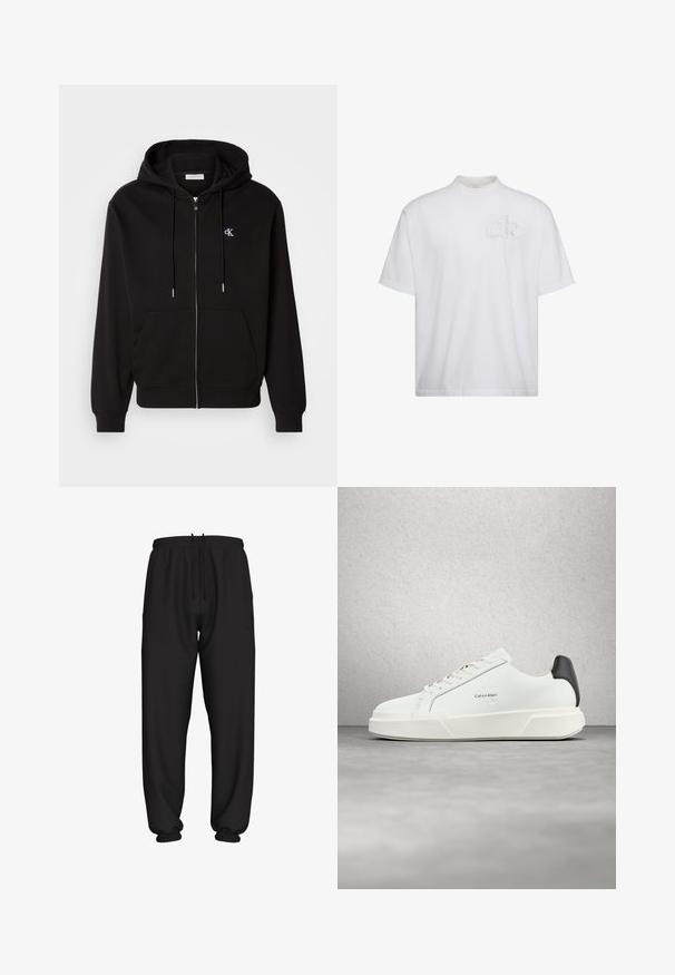 Sudadera con cremallera negra hecha de una tela suave. Cuenta con una capucha con cordón, bolsillos frontales y un pequeño logotipo bordado en el pecho.; Camiseta blanca de manga corta con cuello alto simulado, con un sutil logo "ck" en relieve en el pecho izquierdo.; Pantalones deportivos negros de corte holgado con cintura y puños elásticos, con cordón ajustable en la cintura.; Zapatillas blancas con parte superior de cuero liso, cordones planos y suela blanca elevada. Presentan un acento negro en el talón y logotipo en relieve.