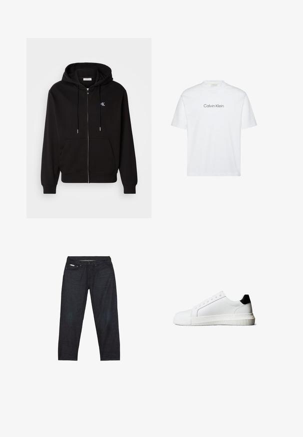 Zwarte zip-up hoodie gemaakt van zachte stof. Heeft een verstelbare capuchon, voorzakken en een klein geborduurd logo op de borst.; Wit katoenen t-shirt met korte mouwen. Voorzien van een ronde hals en een gedrukte "Calvin Klein"-logo in grijs over de borst.; Donkerblauwe spijkerbroek met rechte pijpen, voorzien van vijf zakken en minimale stikseldetails voor een strakke uitstraling.; Witte leren sneakers met een zwarte hielaccent, voorzien van platte veters, een afgeronde neus en een geribbelde rubberen zool voor grip.