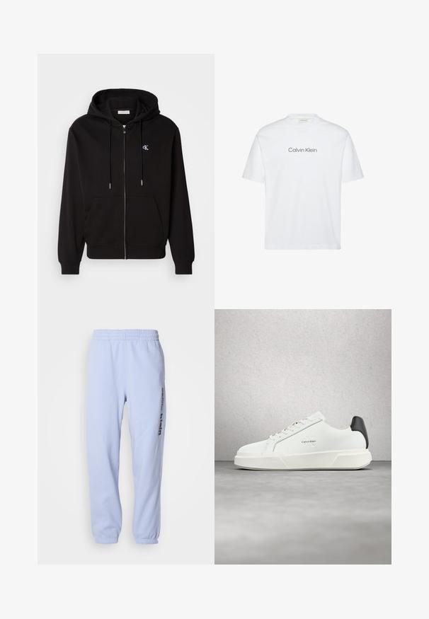 Μαύρη φούτερ hoodie με φερμουάρ, κατασκευασμένη από μαλακό ύφασμα. Διαθέτει κουκούλα με κορδόνι, μπροστινές τσέπες και ένα μικρό κεντητό λογότυπο στο στήθος.; Άσπρο βαμβακερό μπλουζάκι με κοντά μανίκια. Διαθέτει στρογγυλή λαιμόκοψη και τυπωμένο λογότυπο "Calvin Klein" σε γκρι χρώμα στο στήθος.; Ανοιχτό μπλε φόρμες από μαλακό ύφασμα, με ελαστική μέση, ραμμένα μανίκια και λογότυπο εκτυπωμένο σε σκούρο μπλε στο πλάι.; Λευκά αθλητικά παπούτσια με λείο δερμάτινο επάνω μέρος, επίπεδα κορδόνια και ανυψωμένη λευκή σόλα. Διαθέτουν μαύρη λεπτομέρεια στη φτέρνα και ανάγλυφο λογότυπο.